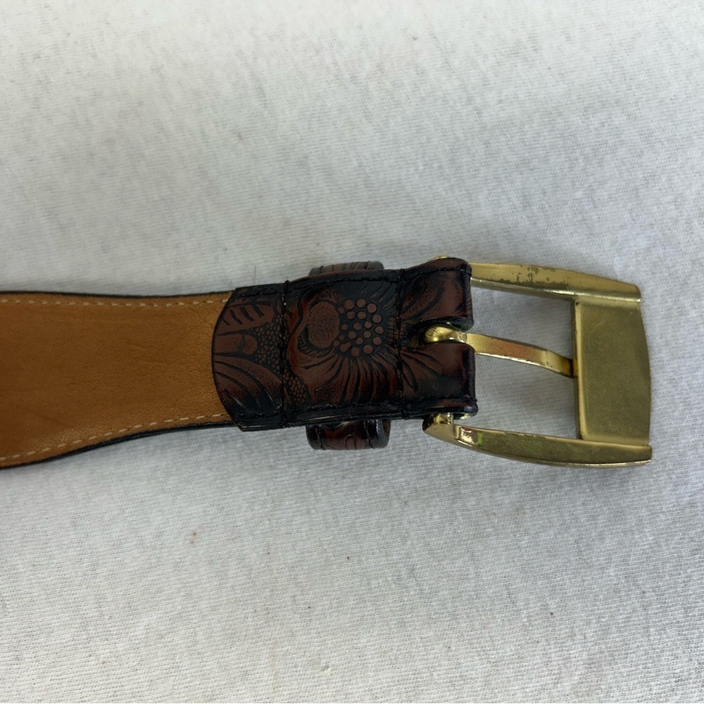 Perry Ellis 36 Brown Embossed Leather Belt with Gold Buckle Cowhide Floral - Picture 4 of 8